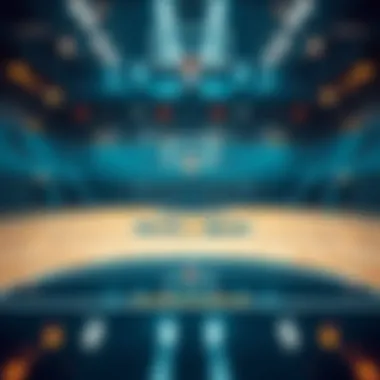 An artistic representation of a basketball court overlaid with digital blockchain elements.