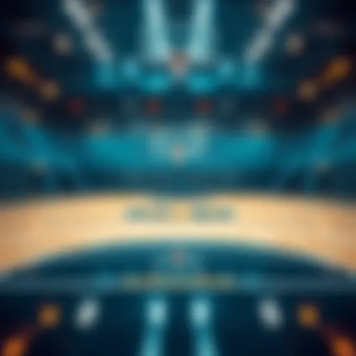 An artistic representation of a basketball court overlaid with digital blockchain elements.