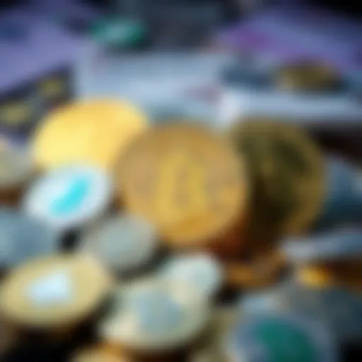 Illustration of fiat currency symbols and cryptocurrency logos